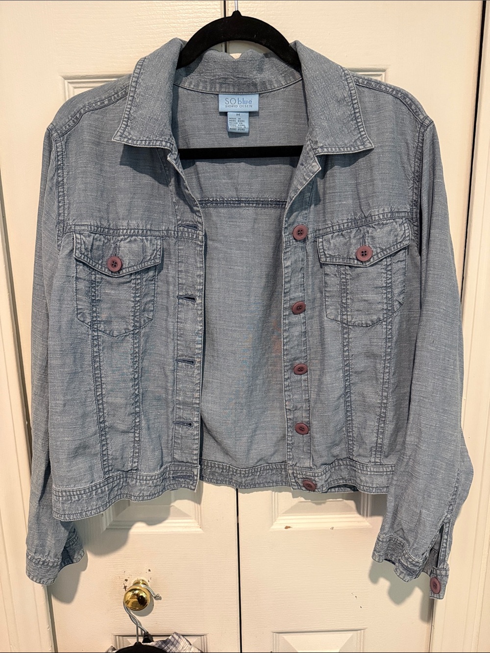 Sigrid Olsen Light Chambray Jean Jacket with Pink Buttons